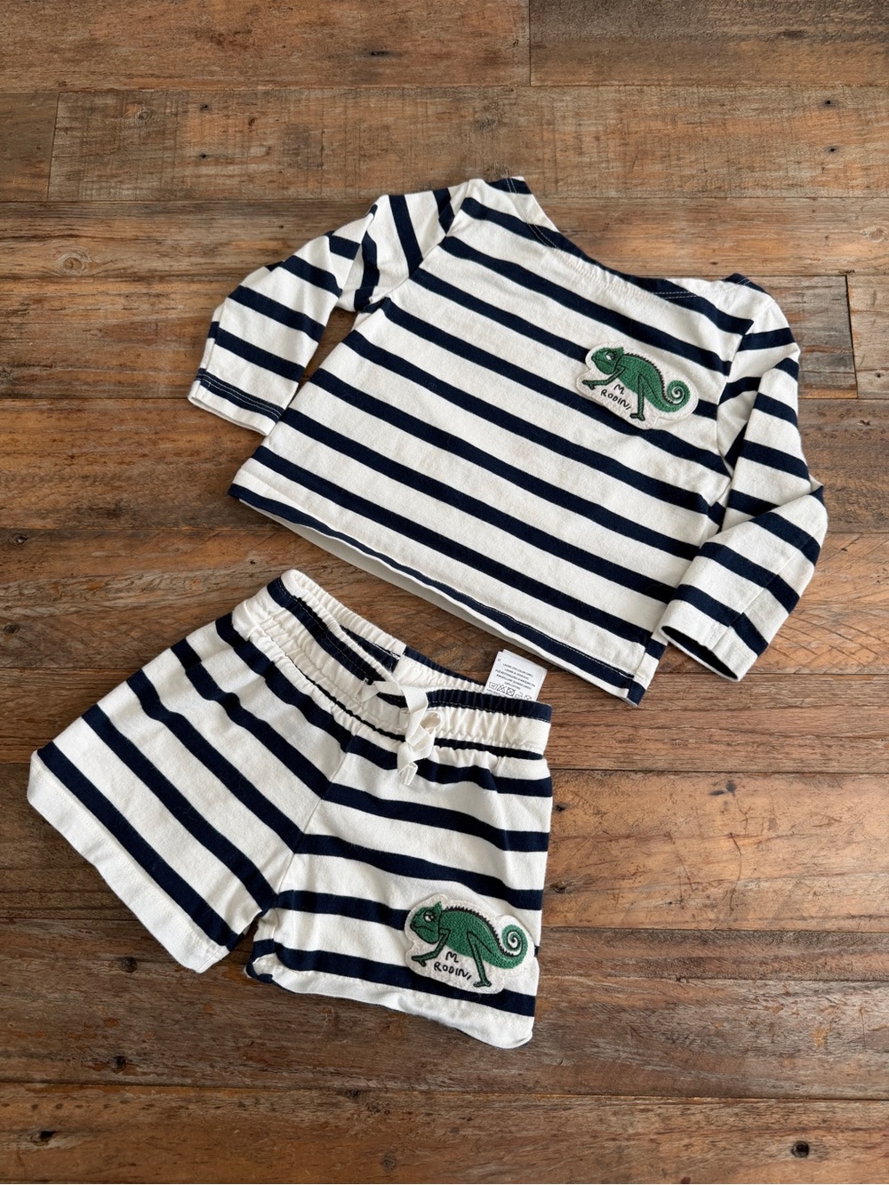 Mini Rodini Striped Two-Piece Set with Chameleon Patch - Navy & Cream